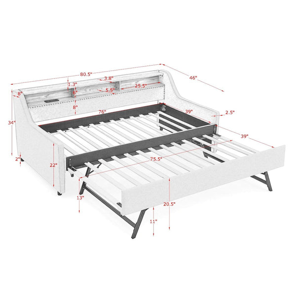 English Elm Twin Size Upholstered Sofa Bed With Led Lights, Storage, Adjustable Headboard & Wireless Charging W1413S00058-GIGA