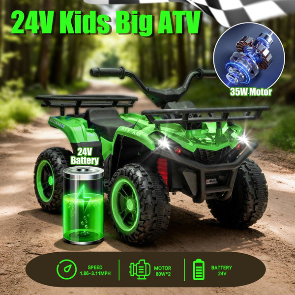 English Elm 24v Dual Motor Kids Atv Ride on with Led Lights Bluetooth Storage Racks Off Road Green W1578P390451