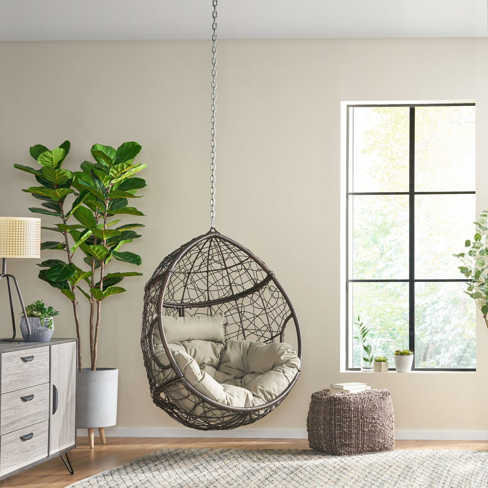 English Elm Christopher Knight Home® - CASTAIC Teardrop Hanging Chair with 8ft Chain — Durable PE Rattan, Water-Resistant Cushions, Cozy Lounging Khaki+Brown 70772.00KHAKMULBRN
