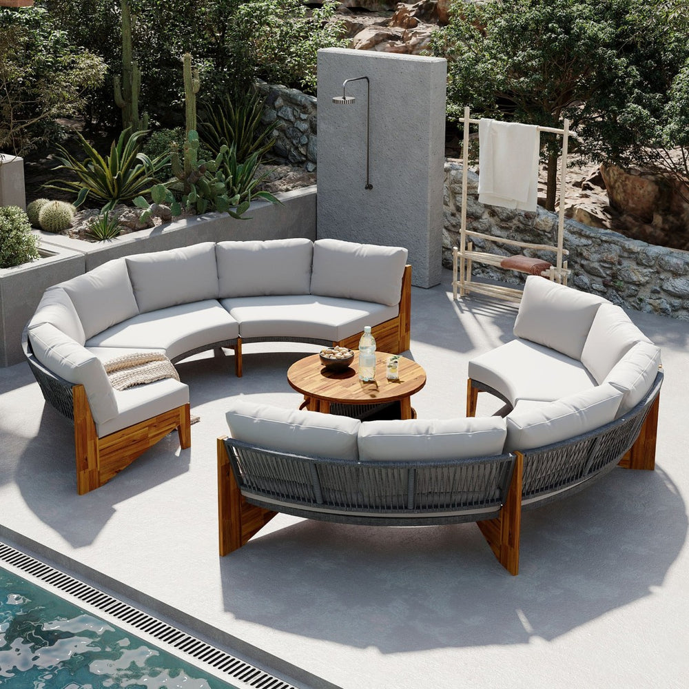 English Elm U_style Circular Patio Sofa Set Pp Rope Woven Steel Frame Acacia Wood Resort Lounge Grey WY000468AAE