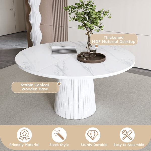English Elm 47 Inch Round Marble Veneer Mdf Dining Table Seats Four with Slim Wood Strip Base White W2700P404636