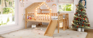 English Elm Twin Playhouse Loft Bed Solid Pine Frame with Slide Led Lights and Star Roof Natural W5316S00005