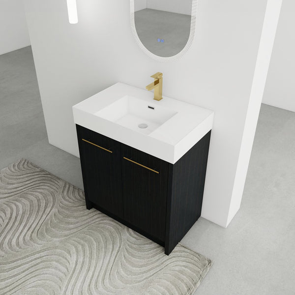 English Elm 30 Inch Freestanding Bathroom Vanity With Modern Resin Sink & Soft-Close Doors For Easy Storage W999S00178