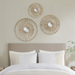 JLA Home Madison Park - Round Natural Fiber and Mirror 3-Piece Wall Accents — Boho Corn Husk Mirrors for Living Room Decor MP95B-0241