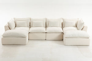 English Elm 129.8" Wide Modular Cloud Sectional Cotton Linen Sofa with Deep Foam Seats and Ottomans Antique White W2530S00016