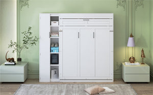 English Elm Full Size Murphy Bed with Open Shelving Wardrobe and Led Lighting for Studio Spaces White LP000898AAK-1