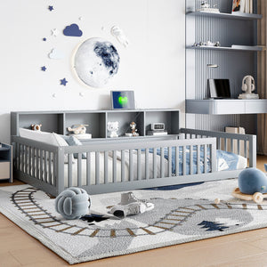 English Elm Wood Twin XL Floor Bed with Built-In Storage Cabinets, USB Charging Ports, Space-Saving Design Gray N709P205811E