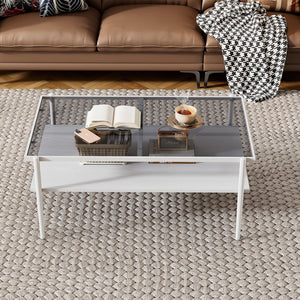 English Elm Coffee Table Set Of 3 With Gray Tempered Glass & Mdf Shelf - Modern Living Room End Tables W241S00041