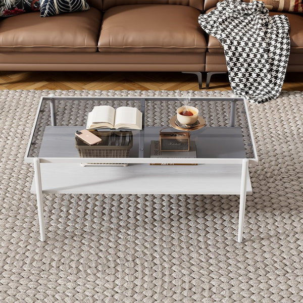 English Elm Coffee Table Set Of 3 With Gray Tempered Glass & Mdf Shelf - Modern Living Room End Tables W241S00041