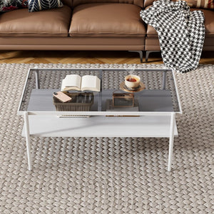 English Elm Rectangle Coffee Table - Modern Gray Tempered Glass Top With Stylish White Legs For Living Room Elegance W241139569-GIGA