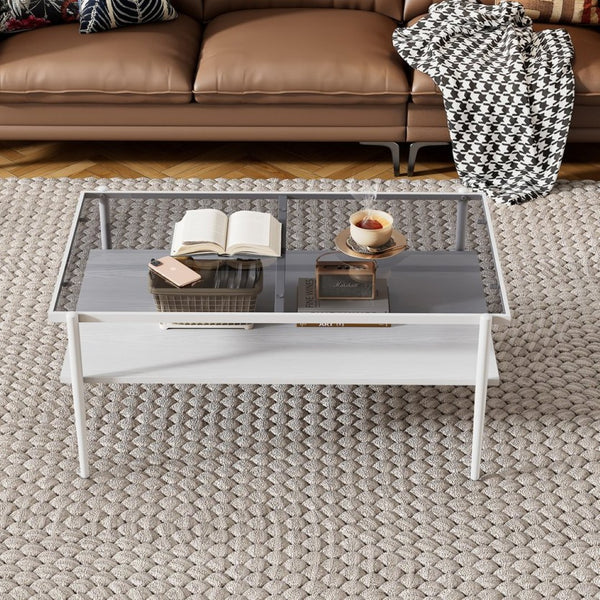 English Elm Rectangle Coffee Table - Modern Gray Tempered Glass Top With Stylish White Legs For Living Room Elegance W241139569-GIGA