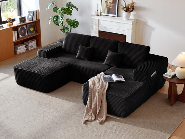 English Elm 104" Modular U-shape Sectional Plush Corduroy Deep Seat Sofa with Built-in Storage Pockets W3975S00036