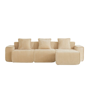 English Elm Streamlined Velvet L-shaped Sectional Sofa with Ottoman and Cloud Cushion Living Room Light Camel W3041S00352