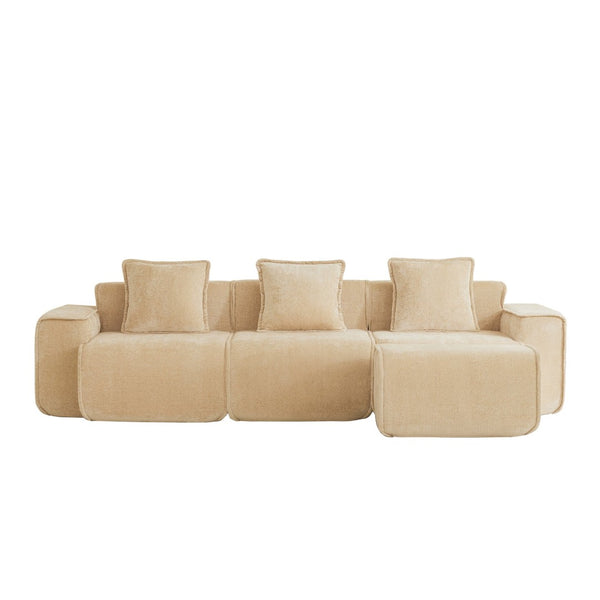 English Elm Streamlined Velvet L-shaped Sectional Sofa with Ottoman and Cloud Cushion Living Room Light Camel W3041S00352