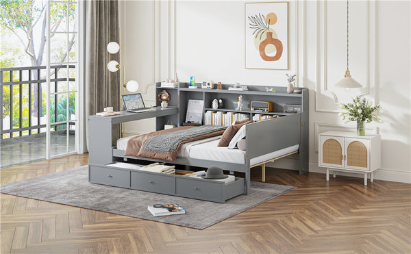 English Elm Full Size Wooden Daybed With 3 Storage Drawers, Built-In Desk & Usb Ports – Gray, Space-Saving Design N820S00018E