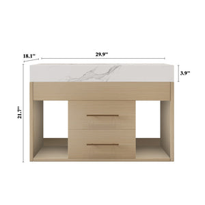 English Elm 29.9" Floating Bathroom Vanity Sintered Stone Top Soft Close Drawers Bronze Gold Hardware White,Wood W3136S00039
