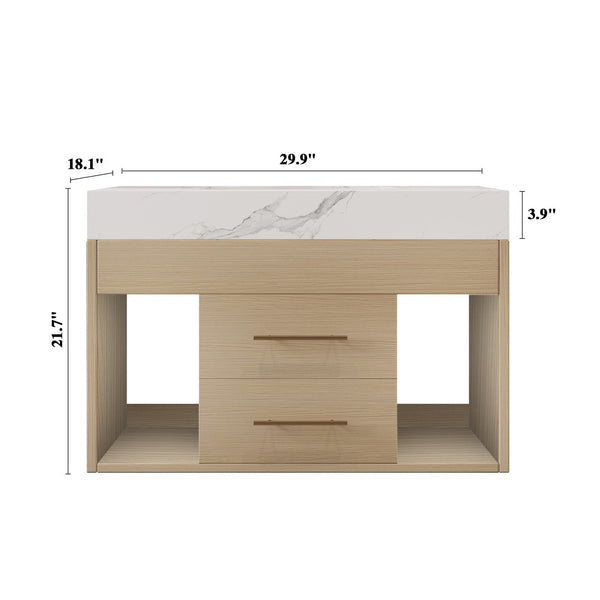 English Elm 29.9" Floating Bathroom Vanity Sintered Stone Top Soft Close Drawers Bronze Gold Hardware White,Wood W3136S00039