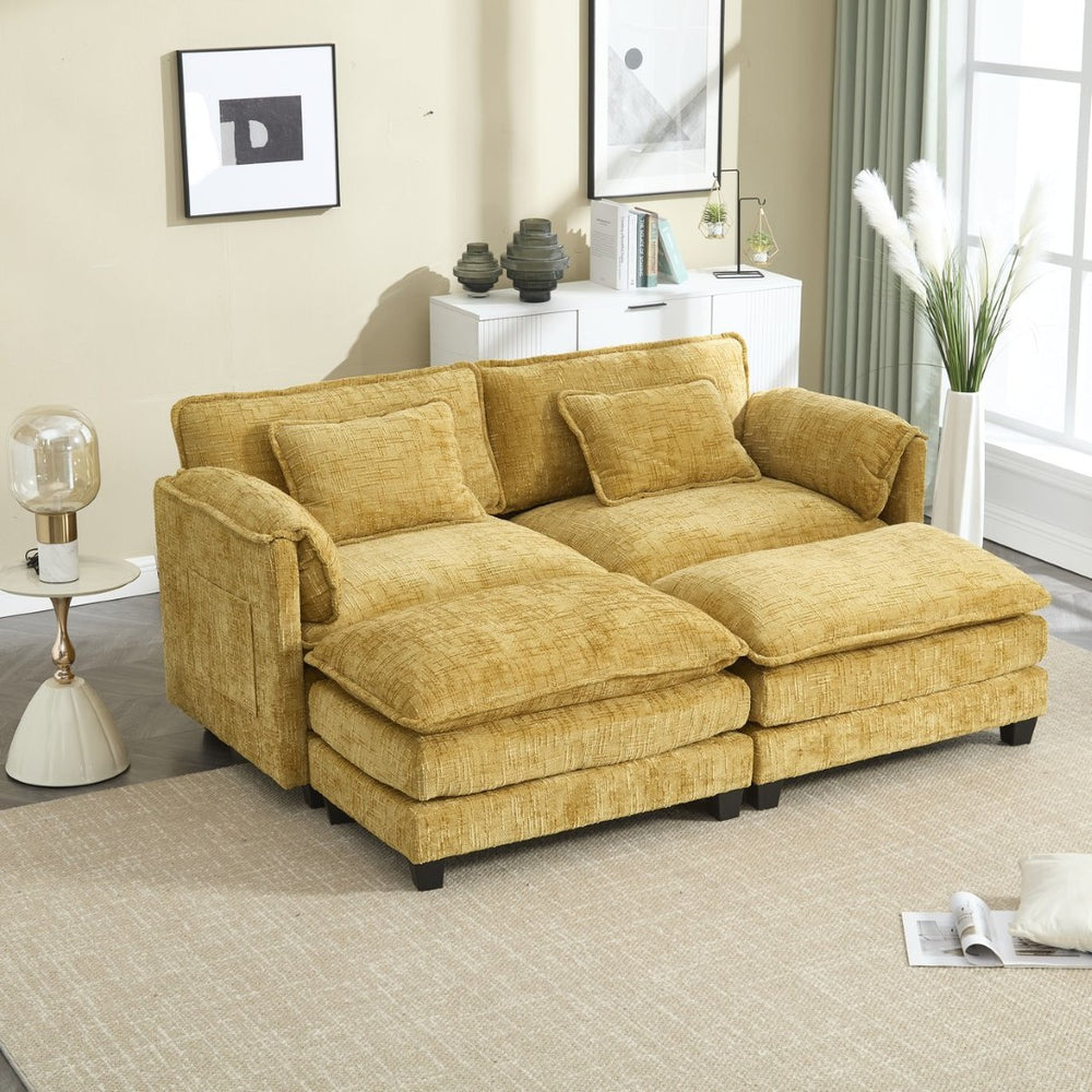 English Elm United Cozy Chenille Sofa For Two With Detachable Armrests, Footstools & Convenient Side Pockets W1568S00140-GIGA