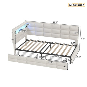 English Elm Upholstered Twin Daybed with 2 Under-Bed Drawers, Headboard Storage, USB-C Charging & LED Lights Beige 41.31 L x 21.42 W x 13.37 H N733P285121A