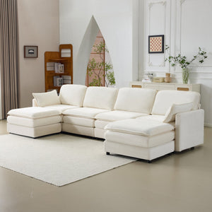 English Elm 136" Plush Cloud Modular 4-Seater Sofa with 2 Ottomans, Beige Corduroy, High-Resilience Foam Comfort, Durable Wood Frame W1829S00064