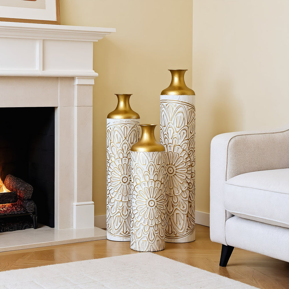 English Elm Floor Glam Metal Vase Set 3-Piece Gold & White Droplet Sculptural Floor Vases Tall Modern Décor W2796P321401