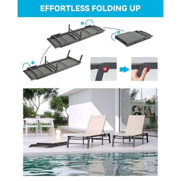 English Elm Assemble-free Outdoor Aluminum Chaise Loungers Stackable Textilene Poolside Set of 2 Beige W5756P485183