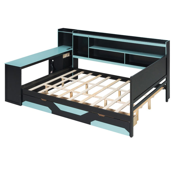 English Elm Queen Gaming Bed Frame with Desk Led Lighting Storage Drawers and Bookcase Headboard Black+Blue LP000290AAC