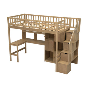English Elm Wood Twin Loft Bed with Built-In L-Desk, LED Lighting, Staircase Storage, Shelves & Cabinets Walnut N7090000470D