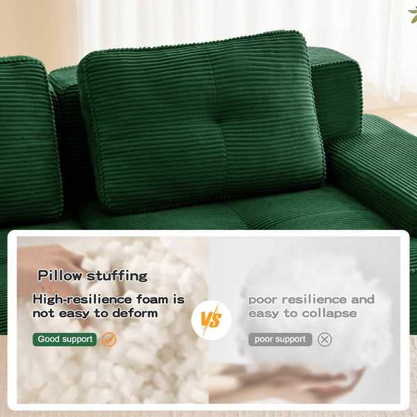 English Elm Modern Corduroy U-shaped Sectional with Tufted Cushions Deep Seat and Movable Ottomans Green W714S01797