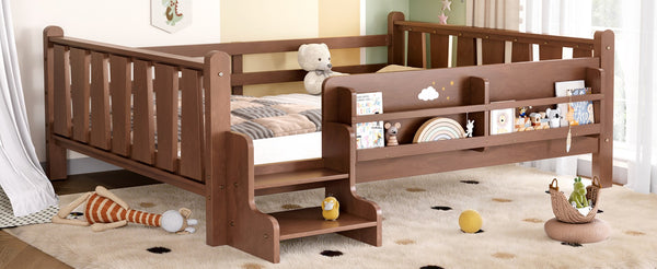 English Elm Twin Pine Floor Bed for Kids with Side Bookcases Built-in Stairs and Safety Guardrails Natural W1580P390225
