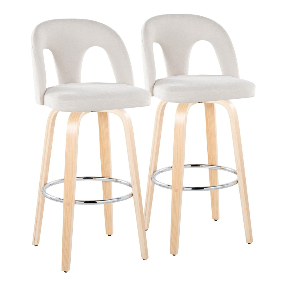English Elm Fixed-height Swivel Barstools with Bent Wood Legs White Upholstery Chrome Footrest 2 Pack B202S01878