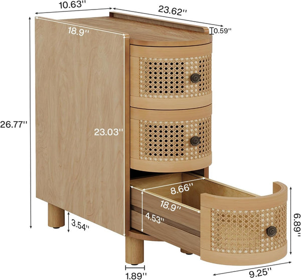 English Elm Wooden Rattan Front Three Drawer Nightstand Bohemian Coastal Bedside Storage Table T3971P462650