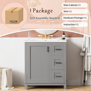 English Elm 30-inch Modern Bathroom Vanity with Ceramic Basin, Rubberwood Frame, Soft-Close Drawers & Organized Storage Grey N729P290689E