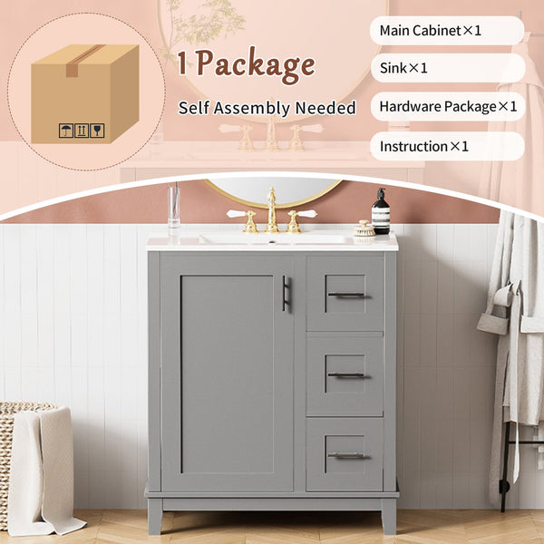English Elm 30-inch Modern Bathroom Vanity with Ceramic Basin, Rubberwood Frame, Soft-Close Drawers & Organized Storage Grey N729P290689E