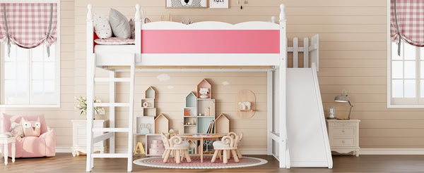 English Elm Queen Solid Pine Loft Bed with Wardrobe Shelves Detachable Slide and Dual Sleeping Zones Pink,White W5305S00026