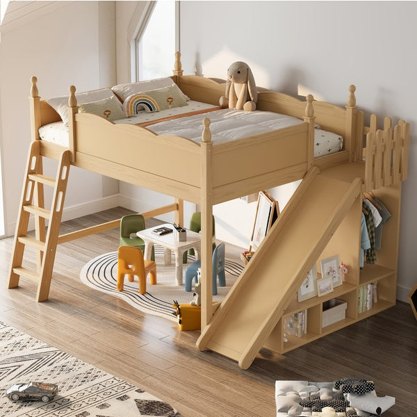 English Elm Queen Solid Pine Loft Bed with Wardrobe Shelves Detachable Slide and Dual Sleeping Zones Natural W5305S00027