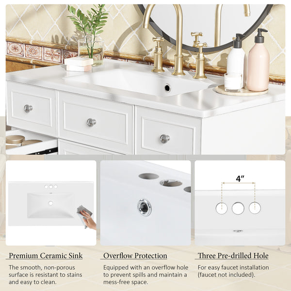 English Elm 36" 36-inch Transitional Bathroom Vanity with Ceramic Basin, Solid Wood Frame, Soft-Close Storage Elegance White N729P255663K
