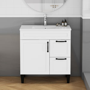English Elm 31.5-inch Modern Bathroom Vanity with Integrated Ceramic Basin, Soft-Close Drawers, Black Accents White 35.04 L x 22.05 W x 7.68 H W3151S00061