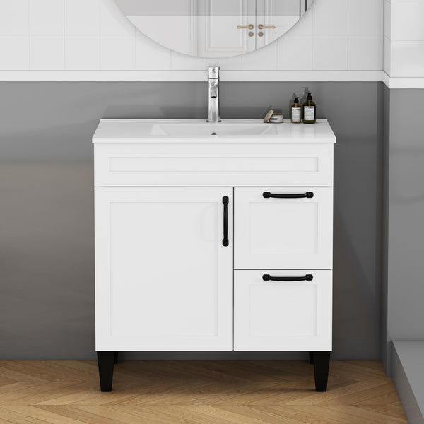 English Elm 31.5-inch Modern Bathroom Vanity with Integrated Ceramic Basin, Soft-Close Drawers, Black Accents White 35.04 L x 22.05 W x 7.68 H W3151S00061