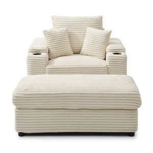 English Elm Oversized Corduroy Accent Chair with Ottoman Neck Pillow and Wide Armrests for Cozy Reading Cream W1117S00250