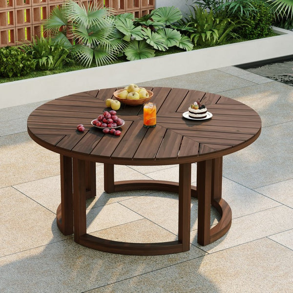 English Elm Trexm Round Acacia Outdoor Dining Table Seats Six with Umbrella Hole Slatted Top Mocha N715P404283P