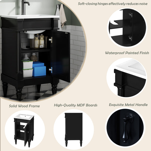 English Elm 18-Inch Modern Bathroom Vanity with Sink Compact Retro Design Durable MDF & Solid Wood Legs Storage-Friendly Black N710P257401B