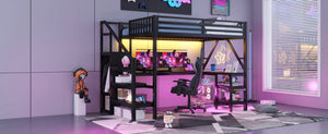 English Elm Metal Full Loft Bed with L Shaped Desk Wardrobe Rgb Lighting and Usb Charging Black W2593S00053