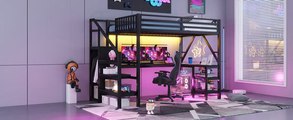 English Elm Metal Full Loft Bed with L Shaped Desk Wardrobe Rgb Lighting and Usb Charging Black W2593S00053