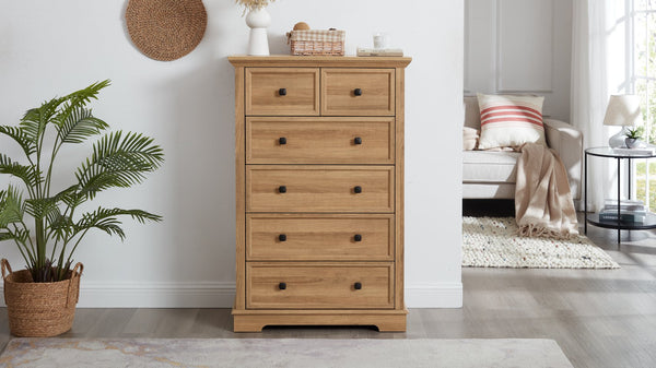 English Elm 6 Drawer Dresser Oak Finish Tall Chest with Silent Metal Rails, Modern Handles, Spacious Storage W2275P206605