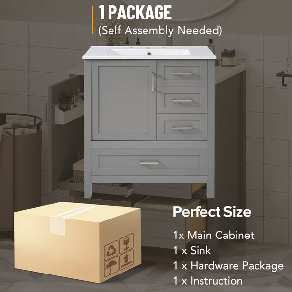 English Elm 30" Gray Bathroom Vanity with Ceramic Sink, Solid Wood Frame, Soft-Close Door & 3 Drawers for Organized Style N729P177787E