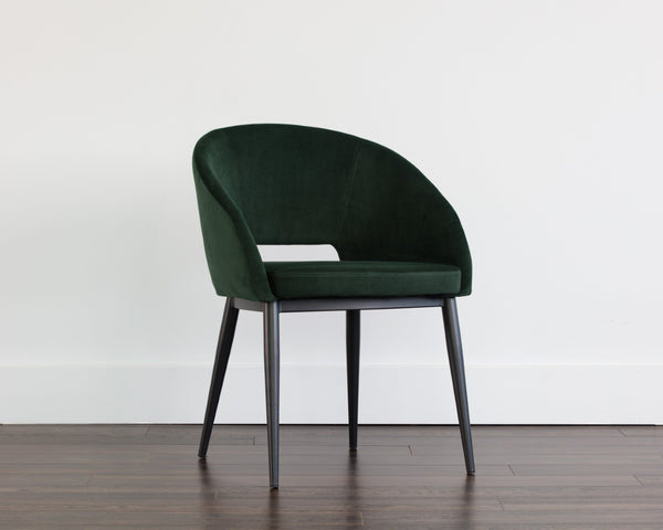 Sunpan THATCHER Dining Armchair in Deep Green Sky - Modern Barrel-Back Design with Black Steel Frame 104965