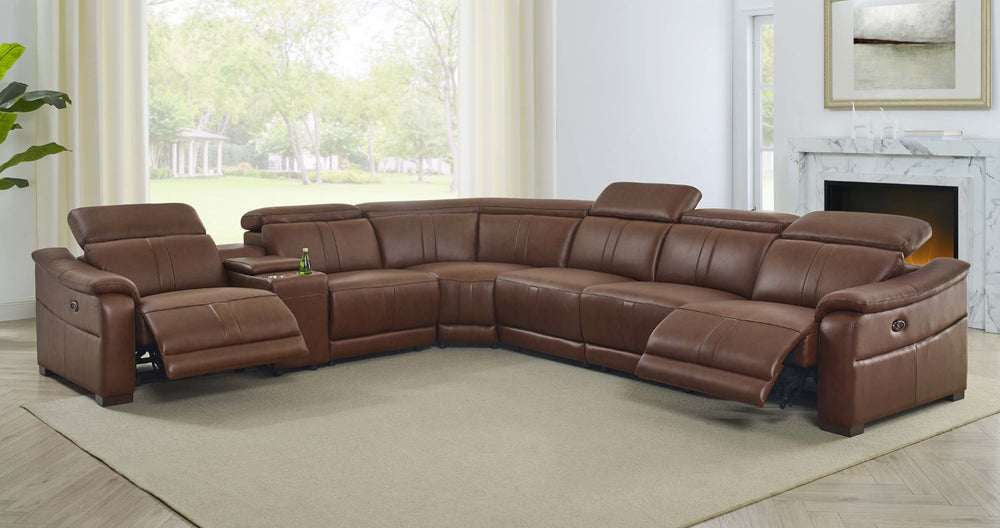 English Elm Leather Match Modular Sectional Power Reclining Sofa with Console and Cup Holders Dark Brown B2748S00035