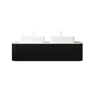 English Elm Dina 60 Inch Floating Bathroom Vanity Sintered Stone Top Dual Glass Basins Wood Grain Black,White W2615S00172