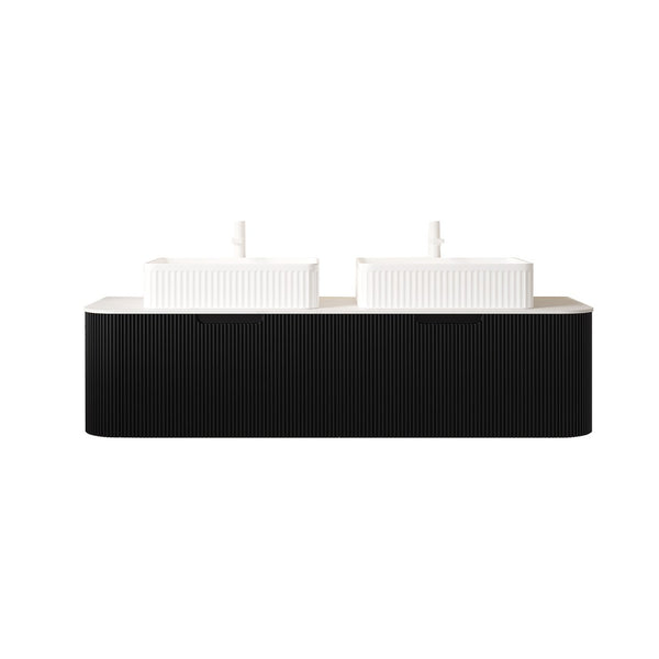 English Elm Dina 60 Inch Floating Bathroom Vanity Sintered Stone Top Dual Glass Basins Wood Grain Black,White W2615S00172